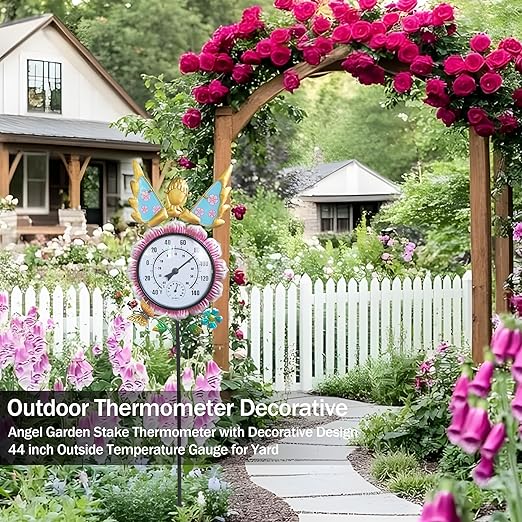 Outdoor Thermometer for Patio - Fairy Garden Stake Thermometer with Decorative Design - 44 inch Outside Temperature Gauge for Yard - Easy to Read, Durable & Weatherproof - Garden Decor