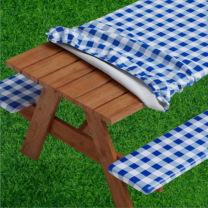 Sorfey Picnic Table Cover with Bench Covers -Fitted with Elastic, Vinyl with Flannel Back, Fits for Table 30"x 96" Rectangle,Water Proof, Checked Blue Design