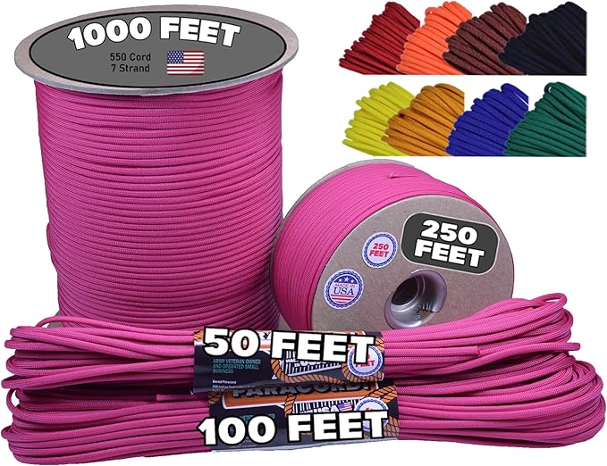BORED? PARACORD! 550 lb Paracord - Ideal for Crafting, Camping, DIY Projects, Active & Military Outdoors - Strong Survival Rope - Tactical Parachute Cord Type III - Fuchsia 100 Feet