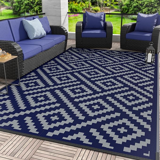 GENIMO Outdoor Rug for Patio Clearance, 5'x8' Waterproof Camping Mat, Reversible Plastic Straw Rugs for RV, Camper, Balcony, Backyard, Picnic, Deck (Blue & Grey)