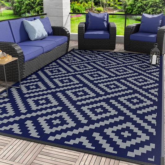 GENIMO Outdoor Rug for Patio Clearance, 5'x8' Waterproof Camping Mat, Reversible Plastic Straw Rugs for RV, Camper, Balcony, Backyard, Picnic, Deck (Blue & Grey)
