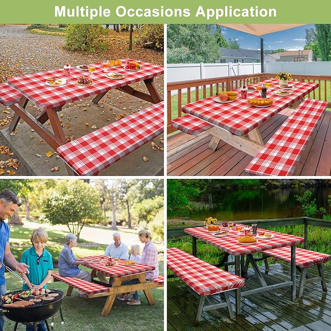 Picnic Table Cover with Bench Covers Camping Essentials Waterproof Windproof Camping Tablecloth with Drawstring Bag, Fitted Rectangle Tables and Seats, 72in, Red Checkered