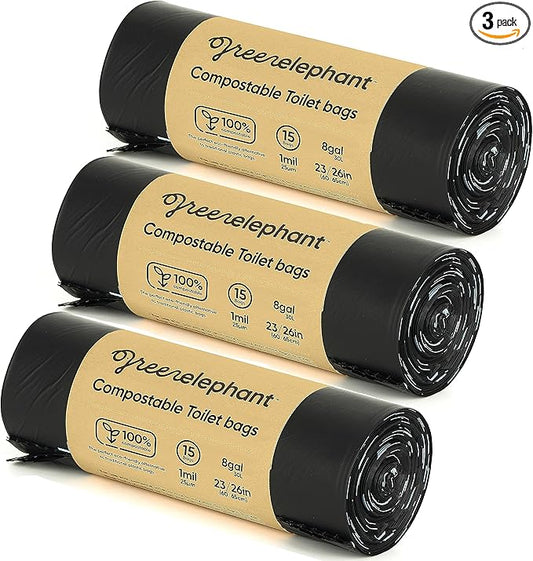 Green Elephant Portable Camping Toilet Bags – Compostable Potty Bags for Portable Toilet, Wag Bag Human Waste Kit, Fits 5-Gallon Buckets, Biodegradable Outdoor Waste Solution, 15 Count, 8 Gal