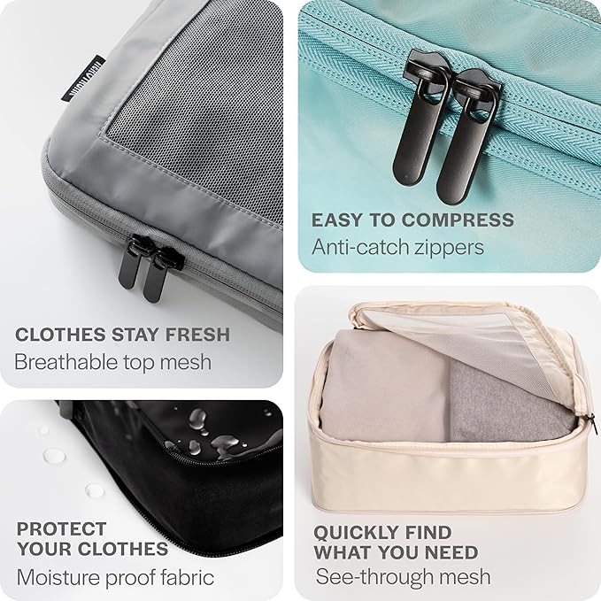 Compression Packing Cubes for Travel - Luggage Organizer Bags - Double Zipper Packing Cubes for Suitcases (4-Pack, Light Grey)