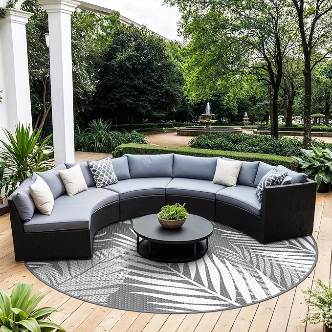 GENIMO Outdoor Rug 10' Round Waterproof for Patios Clearance, Reversible Outdoor Plastic Straw Camping Rug Carpet, Large Area Rugs Mats for RV, Camper, Deck, Balcony, Porch, Beach, Picnic, Grey&White