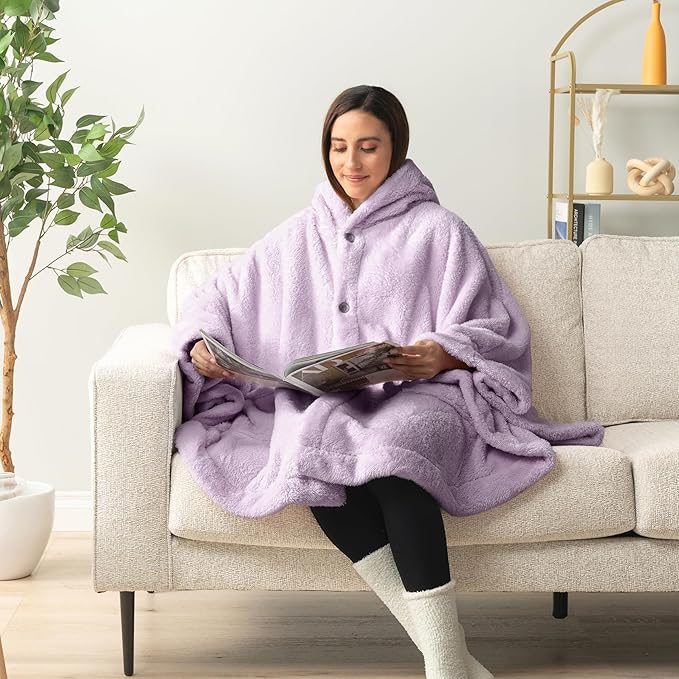 PAVILIA Angel Wrap Hooded Blanket Poncho, Wearable Blanket Throw Wrap Poncho for Women Adult, Cozy Fluffy Sherpa Fleece Shawl Cape with Hood pockets, Warm Gift for Mom Wife, Lavender Purple