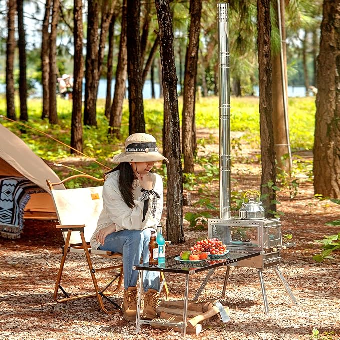 Stainless Steel Portable Wood Burning Stove with Oven & Camping Table, 6 Chimney Pipe for Outdoor Camping, Cooking, Tents, BBQ, Hiking, Fishing, Backpacking
