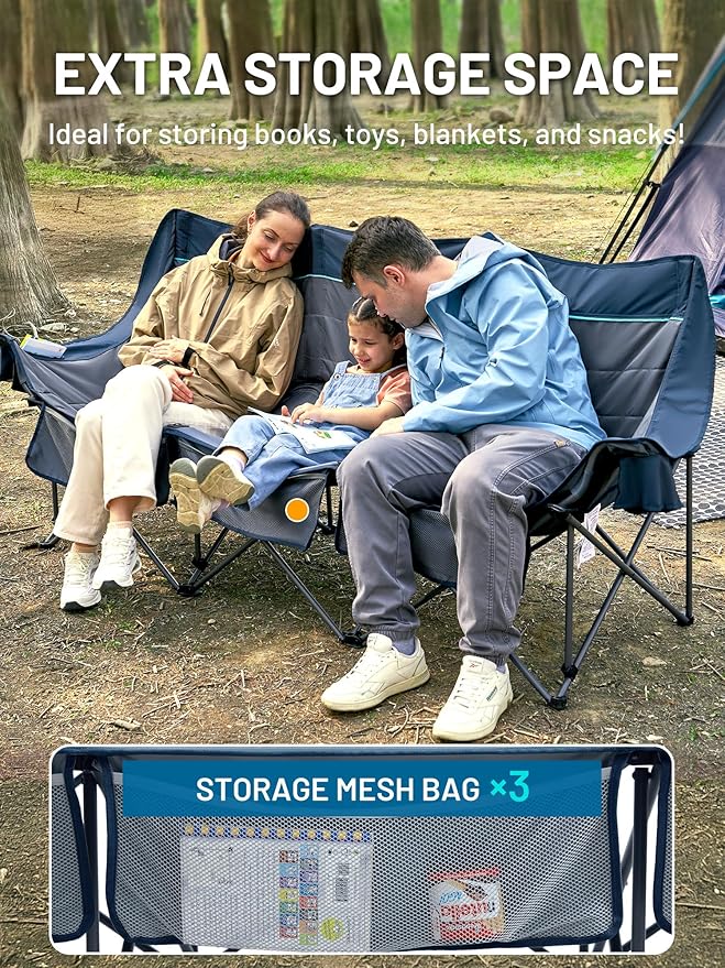 TIMBER RIDGE Padded 3 Person Camping Chair with Cup Holders and Pockets, Outdoor Folding Loveseat Camping Chairs, 1050lbs Capacity Heavy Duty Camp Couch for Outside Picnic, Beach, Lawn, Sports, Blue