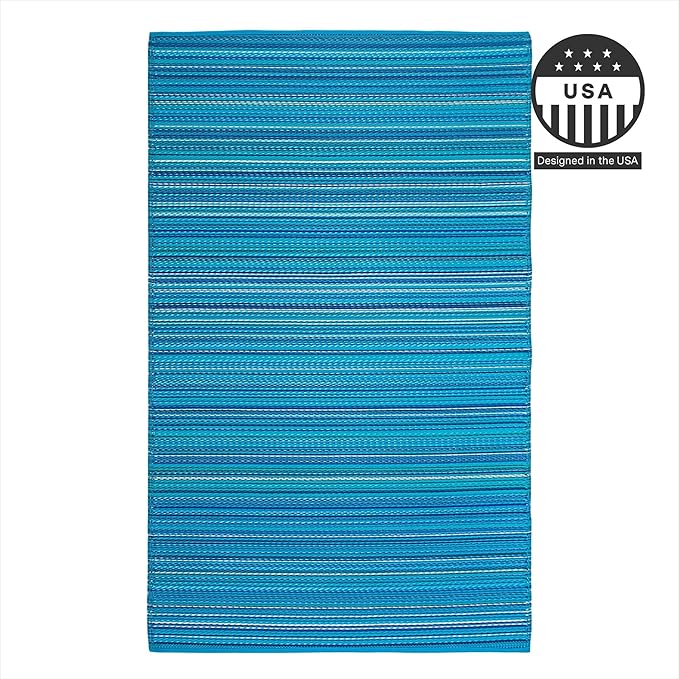 FH Home Outdoor Camping Rug - Waterproof, Fade Resistant, Reversible - Premium Recycled Plastic - Striped - Large Patio, Deck, Sunroom, RV - Havana - Turquoise - 9 x 12 ft Foldable