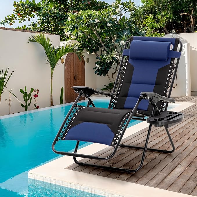 Sophia & William Oversized XL Zero Gravity Recliner Chair Set of 2 Padded, Folding Reclining Lounge Chair with Wide Armrest and Cup Holder, Support 400 LBS, Blue