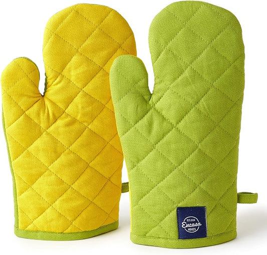 Encasa XO Heat Resistant Cotton Oven Gloves Mitts (2 Pc Set) - Quilted & Safe 12x7 in - for Kitchen, Cooking & Baking, Grilling, Handling Hot Pots & Pans - Lime Green