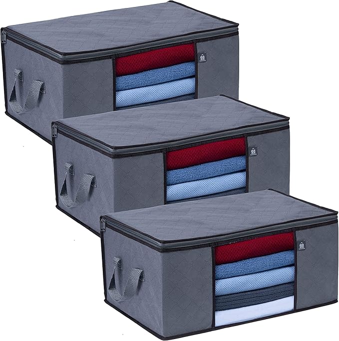 VENO 3 Pack Large Clothes Storage Bag Organizer with Reinforced Handle Thick Fabric for Comforters, Blankets, Bedding, Foldable with Sturdy Zipper, Clear Window, Grey, Reusable (13.3 Gallon)