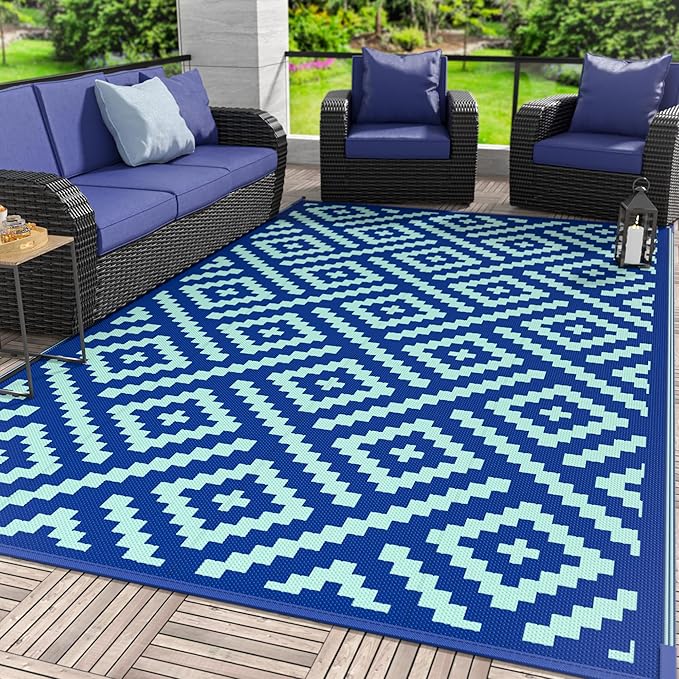 GENIMO Outdoor Rug for Patio Clearance, 6'x9' Waterproof Camping Mat, Reversible Plastic Straw Rugs for RV, Camper, Balcony, Backyard, Picnic, Deck (Royal Blue & Blue Green)