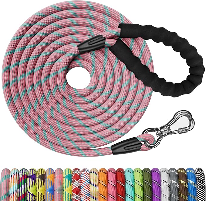 NTR Long Leash, 15 FTDog Check Cord with Swivel Lockable Hook and Comfortable Padded Handle for Dog Leash for Small Medium and Large Dogs Walking Training Hiking Camping Playing Pink Blue