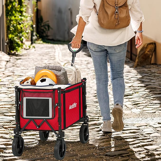 Collapsible Wagon Carts,Folding Wagon Cart with All Terrain Wheels,Heavy Duty Garden Carts with Adjustable Handle,Outdoor Utility Wagon for Camping Shopping Sports Fishing（Red）