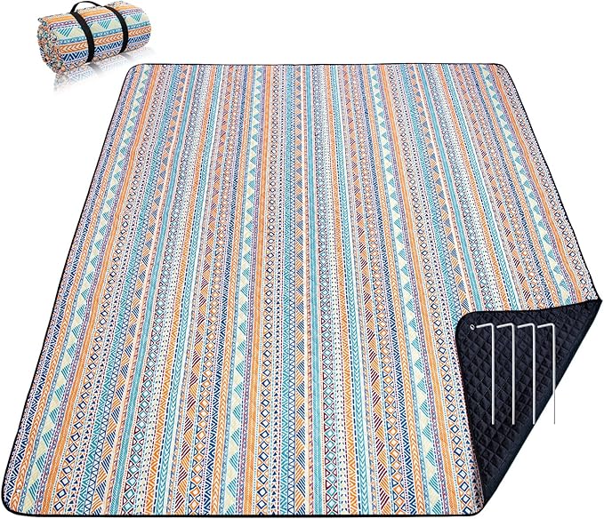PY SUPER MODE Picnic Blankets Extra Large, Waterproof Foldable Outdoor Beach Blanket Oversized 83x79” Sandproof, 3-Layer Picnic Mat for Camping, Hiking, Travel, Park, Concerts(Orange Boho)