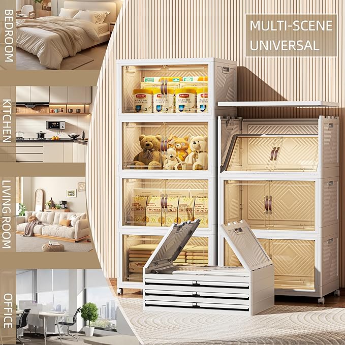 416 QT / 104 Gal Stackable Collapsible Storage Bins with Magnetic Doors & Wheels - Space-Saving Plastic Organizer Cabinet for Closet, Office, Home (White)