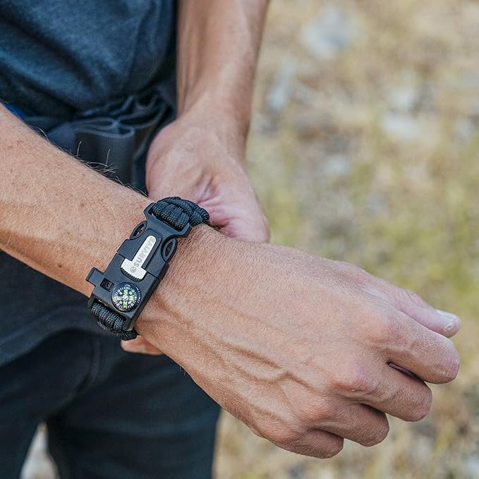 SURVIVE Paracord Bracelet, Pack of 2, Emergency Hiking Survival Kit Fire Starter Compass Whistle, 3 Wrist Sizes: Small Medium Large, 8.5-10 ft Continuous Strand Flint Steel Scraper 5 in 1