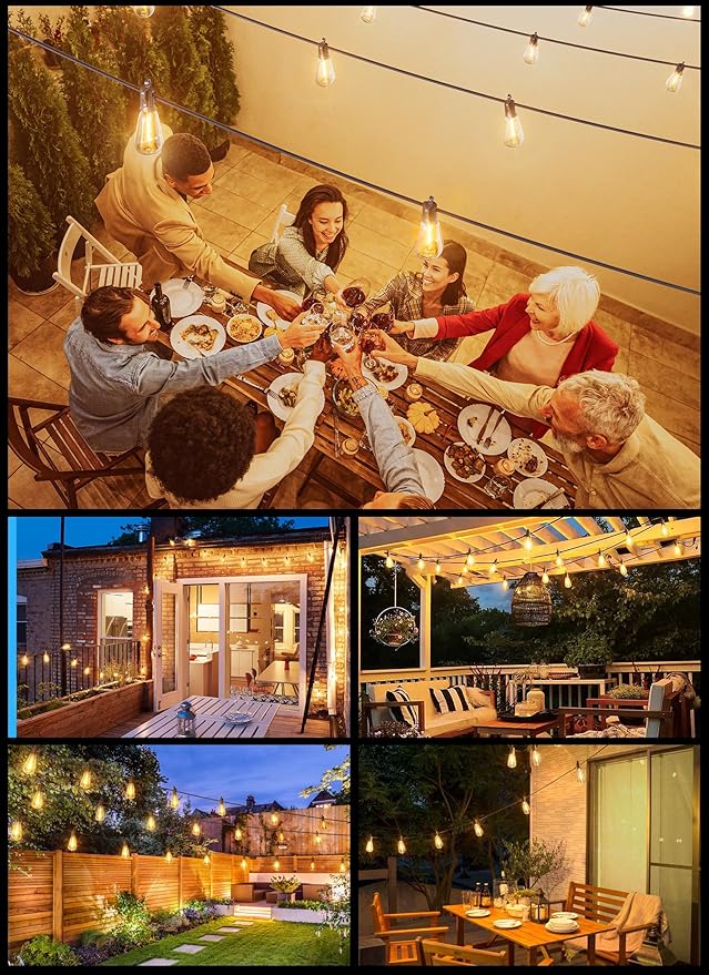 Brightown Outdoor Solar String Lights Waterproof 58FT with 25 Shatterproof ST38 LED Bulbs, 2700K Solar Lights Outdoor with Remote, Solar String Lights for Outside, Camping, Yard, Party Decor