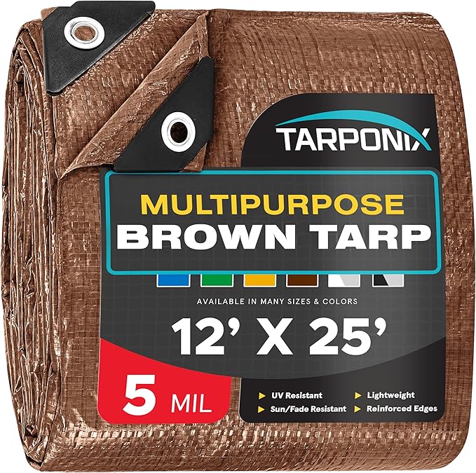 Brown Poly Tarp 12’ x 25’ – Lightweight 5 Mil Waterproof Cover – Durable, Weatherproof, Multipurpose Protection for Camping, Roofing, Construction
