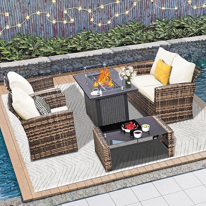 5 Piece Patio Furniture Set with 43" Propane Fire Pit Table, Outdoor Wicker Conversation Set, Rattan Modern Sectional Sofa Couch with Coffee Table for Backyard Porch Garden Poolside, Yellow-Beige
