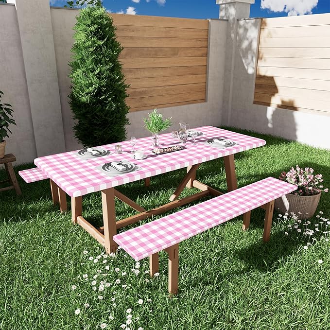 Smiry Picnic Table Cover with Bench Covers, Waterproof Elastic Fitted Tablecloths for 6 Foot Rectangle Tables, Washable Buffalo Plaid Tablecloth for Camping, Outdoor (Pink & White, 30"x72")