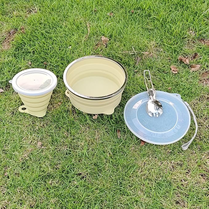 Mess Kit for Camping Silicone Collapsible Bowl Collapsible Cup and Stainless Steel Spoon for Backpacking Outdoor Hiking Traveling and Picnic