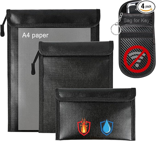 4 Pack Waterproof Fireproof Money Document Bags with a Faraday bag for car keys Fob Protector, Resistant Storage Organizer Pouch for Cash Documents, Secure Protection for Valuables