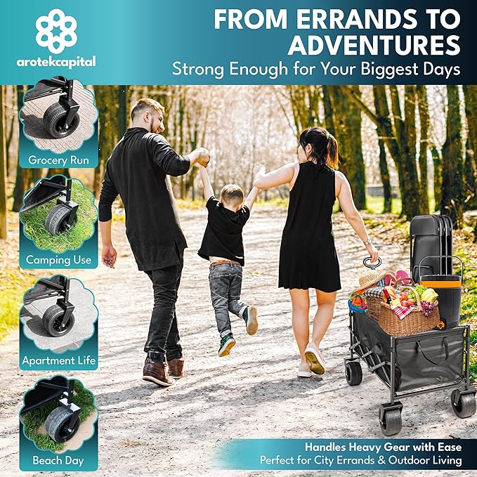 Collapsible Foldable Wagon Cart, 440lbs Heavy Duty Utility Wagon with All-Terrain Wheels, Folding Outdoor Cart with Brakes for Beach, Sports, Camping, Garden, Shopping – Black