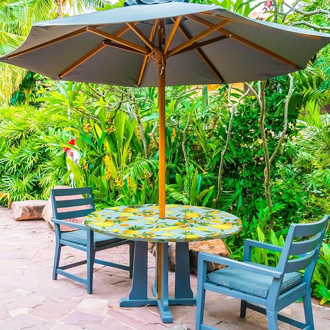 2 Pcs Round Outdoor Tablecloth with Umbrella Hole - Anti-Wrinkle Polyester Tablecloth with Elastic Zipper Table Cover for Summer Patio Camping Party(45''-53'',Lemon)