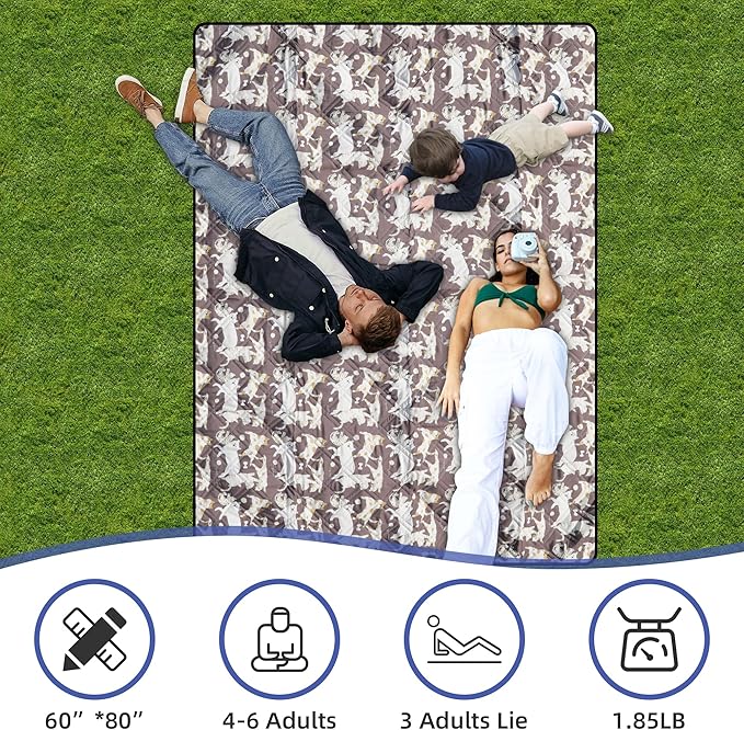 Outdoor Picnic Blanket Brown Cat&Dog 60"x80" Sandproof Beach Blanket Waterproof Picnic Blankets Foldable for Caming, Beach, Outdoor Activities.