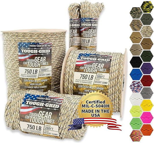 TOUGH-GRID Paracord Rope 750 lbs Nylon Parachute Cord, Made in USA Survival Kit, Outdoor Adventures, Camping, Tactical Gear & Emergency Supplies, Military Type IV Mil-Spec