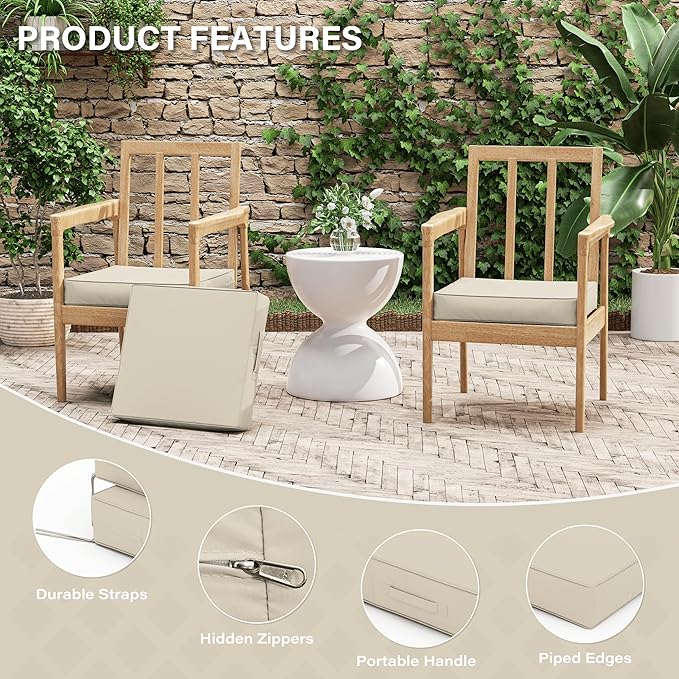 Patio Chair Cushions 17 X 16 X 3 Inch Waterproof Outdoor Seat Cushions for Patio Furniture, Outdoor Sofa Couch Pads with Ties & Handle, Set of 2, Cream