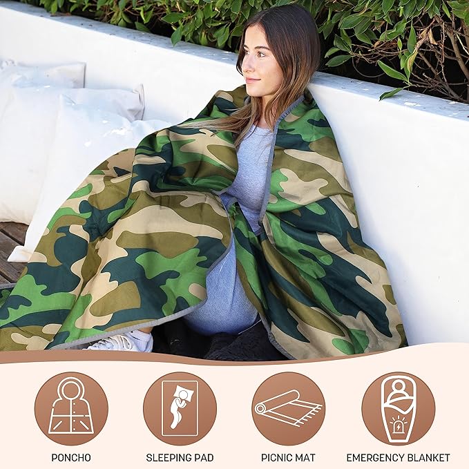 Tirrinia Waterproof Outdoor Blanket with Sherpa Lining, Windproof Triple Layers Warm Comfy Foldable for Camping Stadium, Beach, Picnic, Grass, Concerts, Car, Dog, 51''X 59'' & 59''X 80''