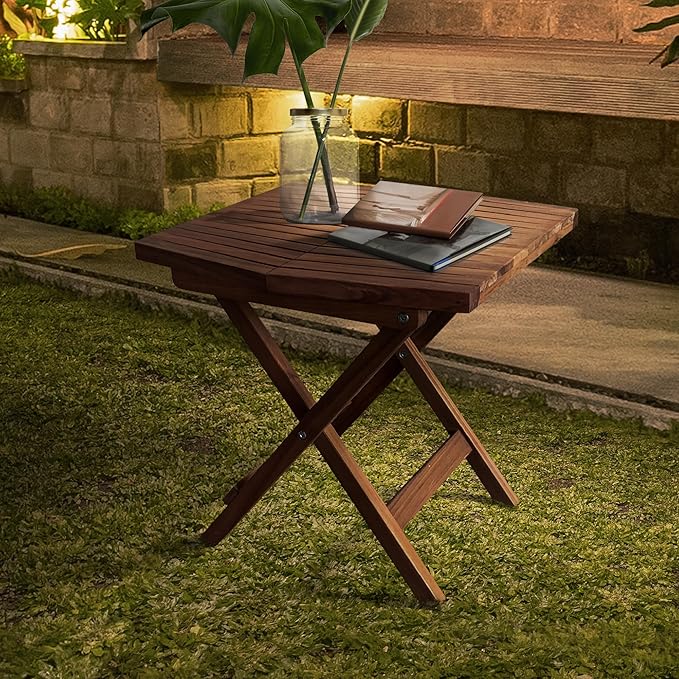Melino Wooden Folding Table - Original Acacia Wooden Small Foldable End Coffee Tables - FSC Certified Solid Wood Patio Side Table - Weather Resistant & Fully Assembled - Indoor and Outdoor Furniture