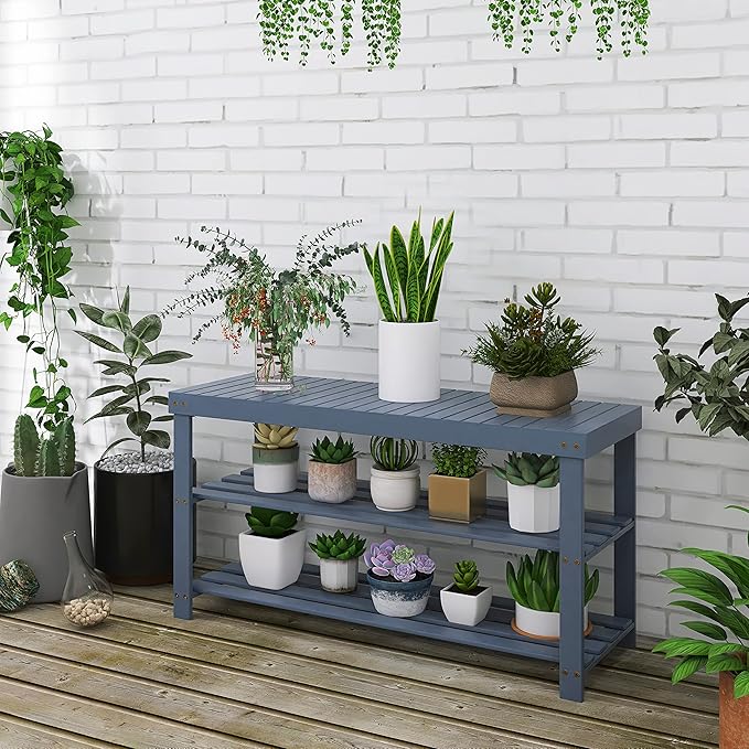 SMIBUY Bamboo Shoe Rack Bench, 3-Tier Shoe Organizer Storage Shelf for Entryway Hallway Bathroom Living Room (Grey)