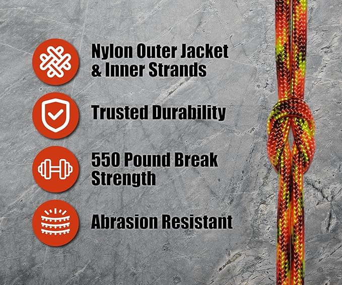 BORED? PARACORD! 550 lb Paracord - Ideal for Crafting, Camping, DIY Projects, Active & Military Outdoors - Strong Survival Rope - Tactical Parachute Cord Type III - Fireball 50 Feet