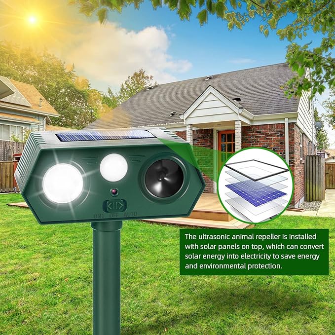 2025 Solar Ultrasonic Animal Repellent Sonic Fortress Pro Deer Repellent Raccoon Repeller Rabbit Squirrel Deterrent with Flash Light Motion Sensor to Keep Dog Cat Fox Skunk Out of Garden Yard(4Pack)