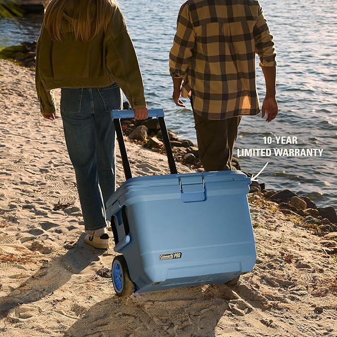 Coleman Pro Heavy-Duty 55qt Wheeled Ultra-Light Premium Hard Cooler, Extra-Thick Insulation Keeps Ice up to 5 Days, 92-Can Capacity, Heavy-Duty Wheels