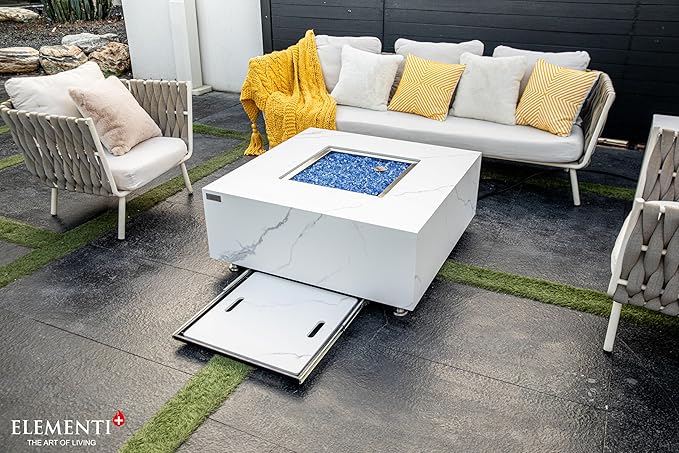 Elementi+ | Bundle Bianco Gas Fire Pit | Marble Porcelain & Metal Frame | 40" Square Fire Table | Electronic Ignition | Canvas Cover, Fire Glass & Burner Lid Included | White | Natural Gas