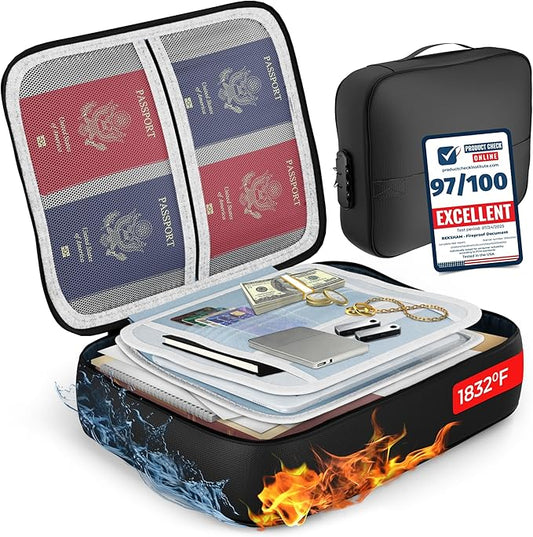 Fireproof Document Bag Waterproof Organizer Box With Lock 3 Layer File Storage Soft Case For Passport Ledger Papers Certificate Cash Files Important Documents Portable Secure Safe Home Travel Office