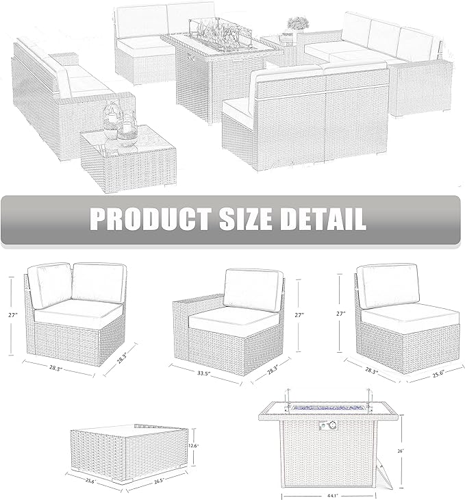 LayinSun 13 Pieces Outdoor Patio Furniture Set with 44" Fire Pit Table Brown Rattan Sectional Sofa Conversation Sets