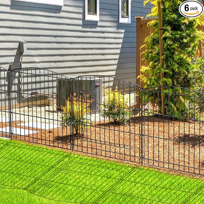 INJOPEXI Decorative Garden Fence 6 Panels 11.8ft (L)×24in (H) with 5 Panels 1 Gate Rustproof Wire No Dig Animal Barrier Fencing for Outdoor Backyard Black