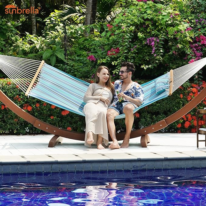 Lazy Daze 12 FT Sunbrella Fabric Hammock with Spreader Bars and Free Pillow Fits for Two Persons, All Weather and Fade Resistant for Patio Yard, 450 lbs Weight Capacity, Dolce Oasis