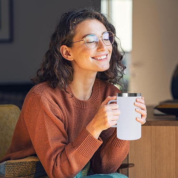 DOMICARE 24oz Mug with Handle and Lid, Stainless Steel Coffee Mug, Travel Mug with Handle, Double Wall Vacuum Coffee Tumbler, Reusable Insulated Cup, White, Pack 8