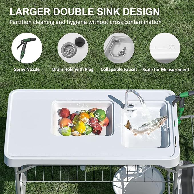 42.5" Fish Cleaning Table with Dual Sink, Portable Folding Camping Table with Foldable Extension Stand, Faucet, Sprayer, Grid Rack, Hose Hook Up & Knife Groove, Outdoor Sink Station for Picnic