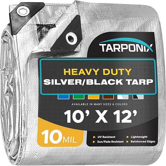 10' x 12' Dual-Sided Heavy-Duty Tarp – 10 Mil Tear-Resistant Silver & Black Cover with Reinforced Edges and Anti-Rust Grommets