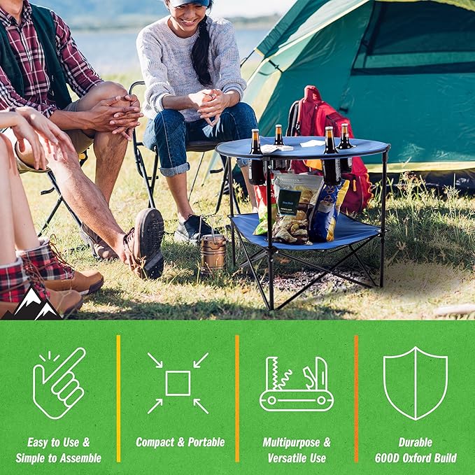 Wakeman Camp Table - Round 2-Tier Folding Table with 4 Cupholders and Carrying Bag - for Camping, Beach, Picnic, Sporting Events, and More Outdoors,Blue