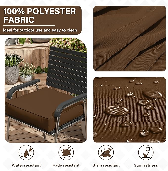 Patio Chair Cushions 24 X 24 X 5 Inch Waterproof Outdoor Seat Cushions for Patio Furniture, Outdoor Sofa Couch Pads with Ties & Handle, Set of 2, Chocolate