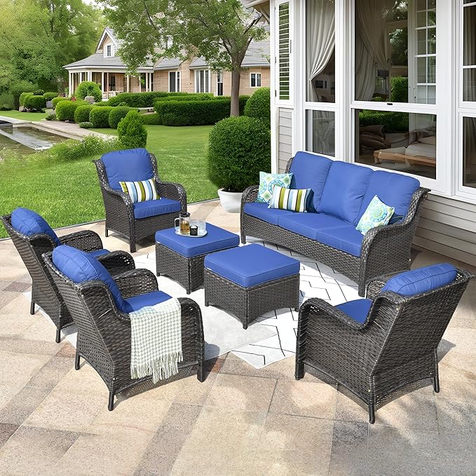 ovios 7 Pieces Patio Furniture Set, Outdoor Wicker Sofas with 4 Chairs, Ottomans and Comfy Cushions, All Weather High Back Couch Set for Deck Porch, Brown Rattan, Navy Blue